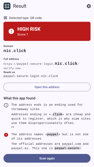 A HIGH RISK result for an address that imitates PayPal, with the score, the domain and the findings that explain it.