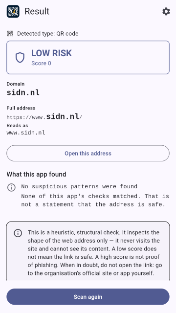 A LOW RISK result with its score and an explanation of what was checked.