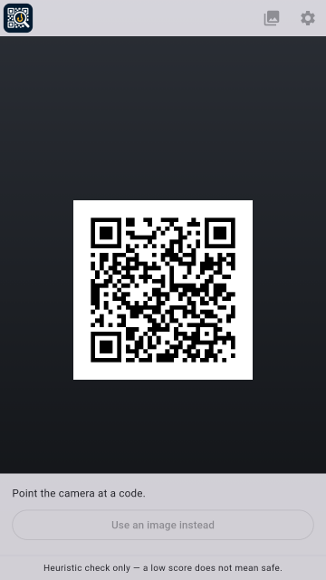 The scanner: the camera view with a QR code, and a button to use a picture instead.