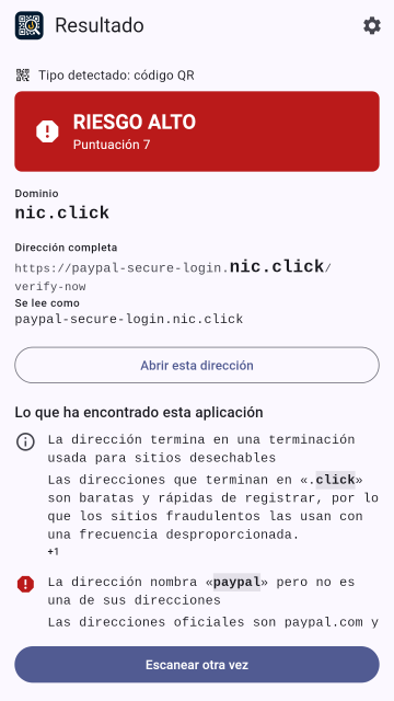Un resultado de RIESGO ALTO para una dirección que imita a PayPal, con la puntuación, el dominio y los hallazgos que la explican.
