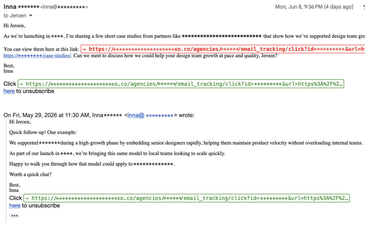 Reveal URLs annotating a Gmail message: each link's real destination is shown on its own line above the link text, with a mismatching tracking link flagged in red and an honest link in green.