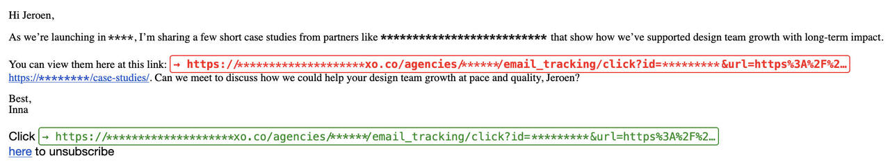 A Gmail message with Reveal URLs active: a deceptive link is flagged in red with its real tracking destination revealed above the link text, while an honest link is shown in green.