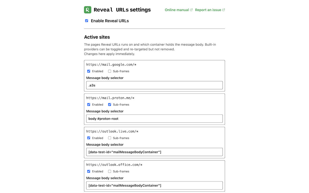 The top of the settings page: the 'Enable Reveal URLs' master switch and the 'Active sites' list, each built-in provider showing its match pattern, an 'Enabled' toggle, a 'Sub-frames' toggle and its message-body selector.