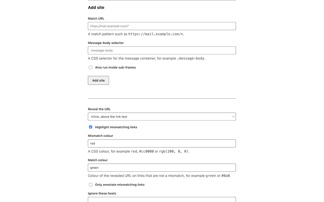 The settings page: the 'Reveal the URL' mode selector, the 'Highlight mismatching links' toggle, and the mismatch and match colour fields.