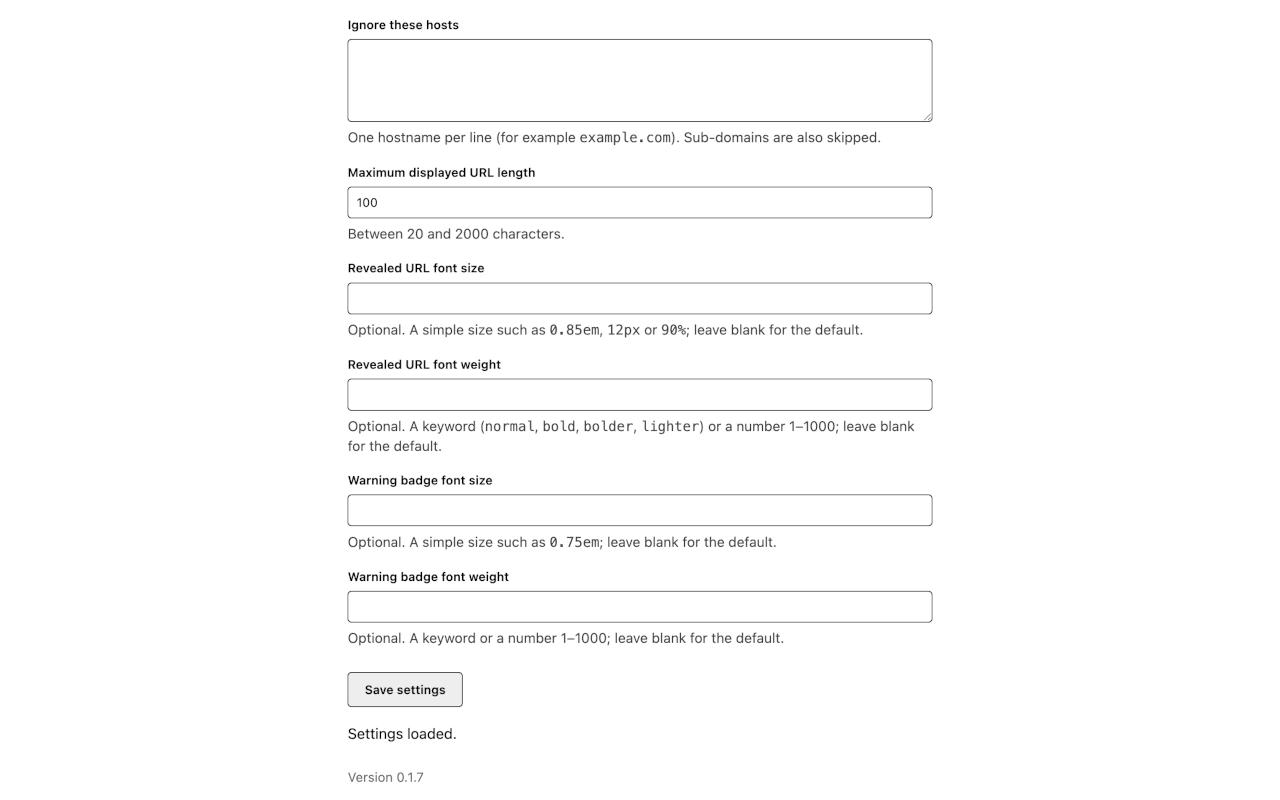 The lower settings: the 'Ignore these hosts' list, the maximum displayed URL length, and the optional revealed-URL and warning-badge font size and weight fields, above the 'Save settings' button.